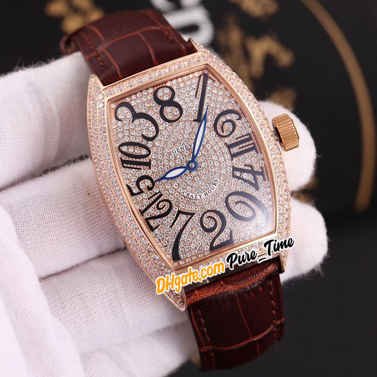 

New 42mm Crazy Hours 7851 8880 Automatic Gypsophila Diamond Dial Rose Gold Case Mens Watch Brown Leather Strap Gents Watches Pure_time, Waterproof service