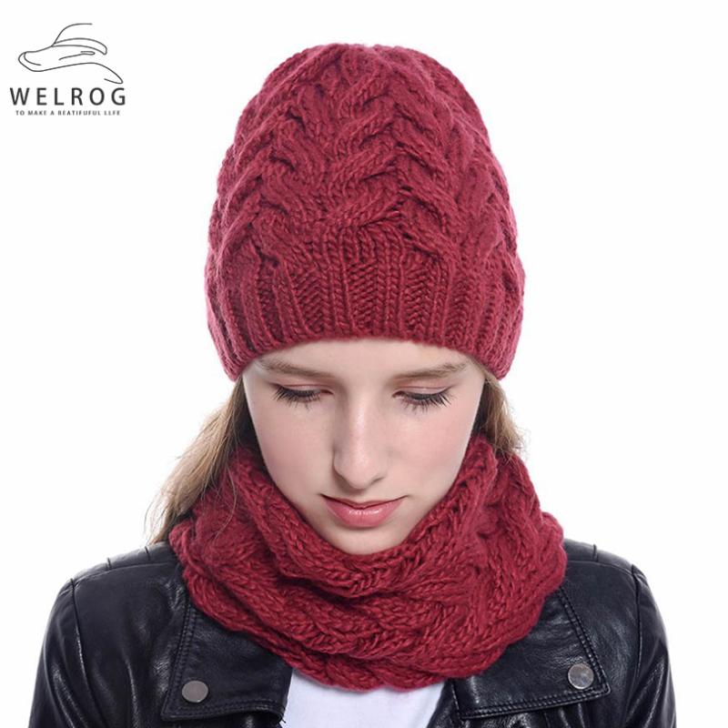 

WELROG New Solid Hats Muffler Sets 2020 Fashion Knitting Braids Scarves Skullies Hat Women Winter Autumn Warm Braiding Cold Suit, White