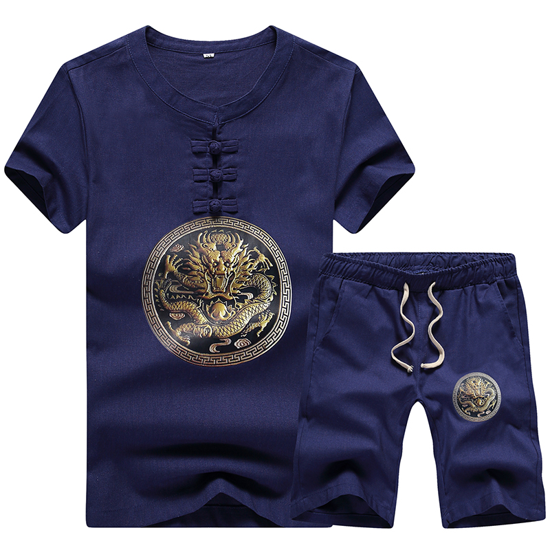 

2020 Round Neck Male Outwear Sweatshirts Summer Short Sets Men Casual Suits Cotton Linen Tracksuit Pure Color T Shirt +Pants