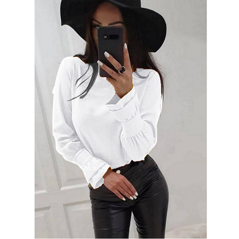 

Women 2020 Spring Ruffle Blouse Shirt Elegant Casual O Neck Buttons Pullover Blusa Lady Autumn Long Sleeve Tops Blusa, White
