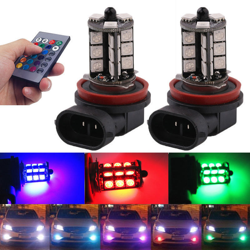 

2Pcs Car Headlight Bulbs LED H8 H9 H11 27SMD RGB Car Driving Fog Light+Remote Control 3400LM Day-time Running Lights