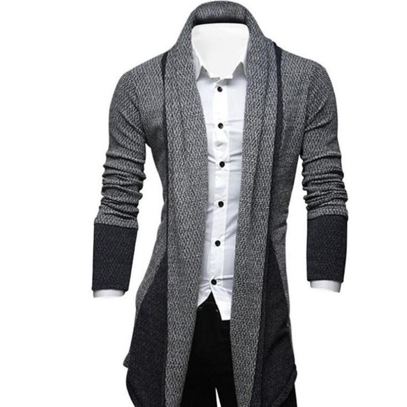 

2020 New Men Long Sleeve Color Block Patchwork Knitted Loose Plus Size Long Coat Cardigan Fashion Sweaters For Men, Dark gray