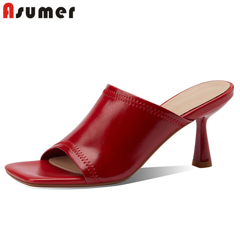 

ASUMER 2020 new fashion thin high heels party wedding shoes women slipper top quality sexy summer genuine leather slipper woman, Black