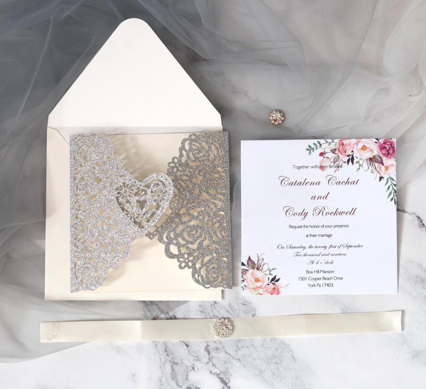 

Square Laser Cutting Invitation Card Love Heart With Flower Hollow Wedding Invitation Cards