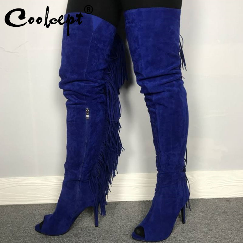 

Coolcept Fashion Spring Women Over Knee Boots Stylish Side Zipper Tassels Shoes Women Peep Toe Thin Heels Footwear Size 35-47, Blue