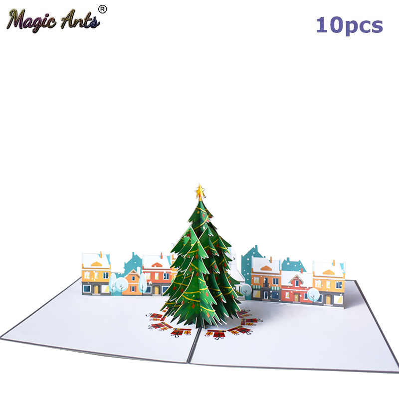 

10 Pack Merry Christmas Card Christmas Tree -Up Cards with envelope Stickers Laser Cut New Year Greeting Cards Gifts Handmade