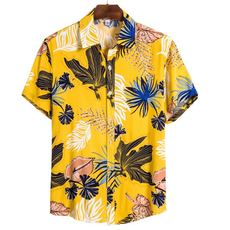

Men Shirt Summer Fashion Men's Casual Button Hawaii Print Beach Short Sleeve Quick Dry Top Blouse Hawaiian Shirt Mens Cotton, Yellow