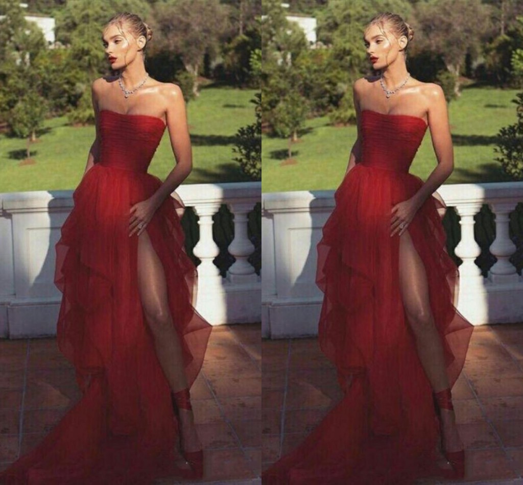 

Chic Tulle Side Split Prom Dresses Strapless Sweep Train Long Evening Dress Ruched Robes De Cocktail Party Gowns, Light purple