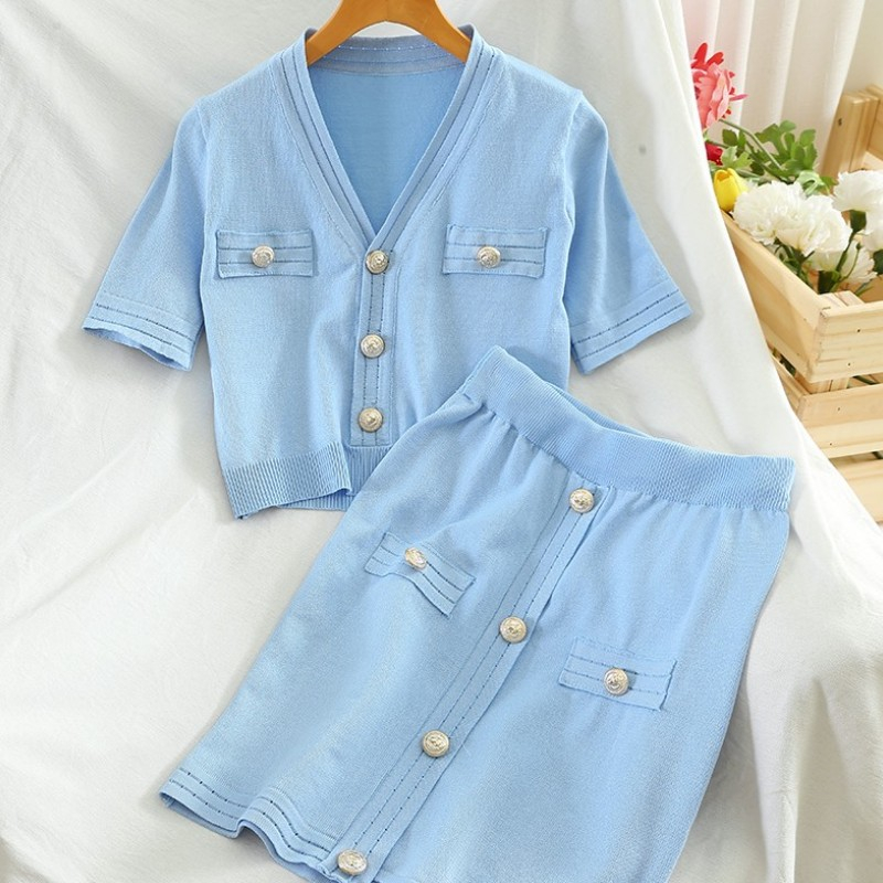 

2020 New Knitted V-neck Cardigan Short Jumper High Waist Slim Skirt Two Peice Sets Women Summer ButtonTrim Fashion 2pcs Suit, White