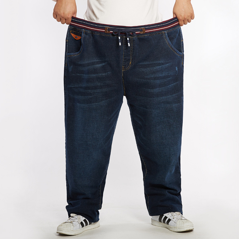 

Men Elastic Waist Plus Size Full length Denim Pants Fashion Large Size straight Loose Men's, Blue