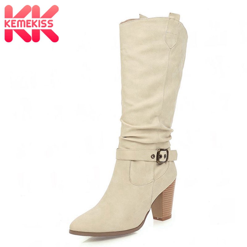 

KemeKiss Mid-Calf Boots For Women Fashion Solid Color Thick Heel Shoes Women Buckle Short Boots Casual Mujer Footwear Size 34-47, Beige