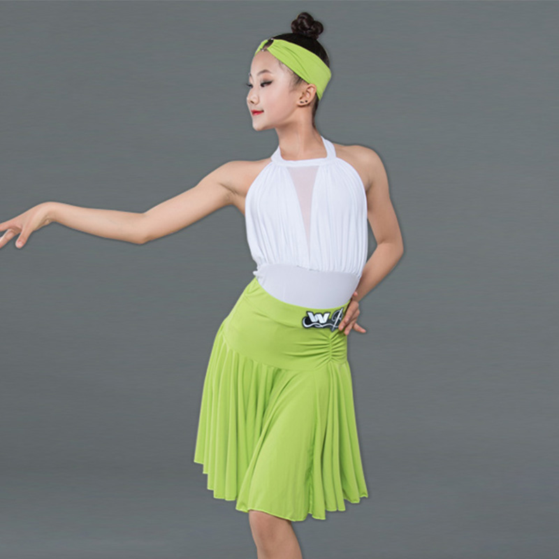 

Latin Dance Dress Children White Mesh Yarn Leotard Skirts Tango Rumba Cha Cha Samba Clothes Girls Stage Dancing Costumes DN6011, As picture