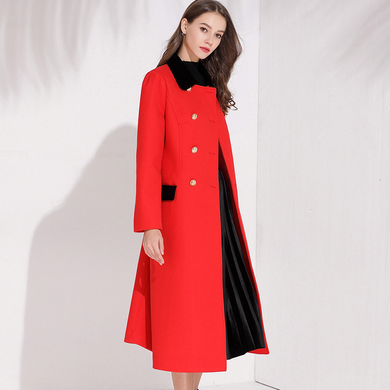 

X-long black and red color block wool coat women slim double breasted woolen outerwear 2020 autumn winter