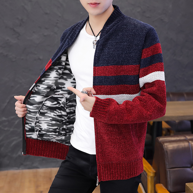 

New Men's Sweaters Autumn Winter Warm Thick Velvet Sweater Jackets Cardigan Coats Male Clothing Casual Knitwear, Brown
