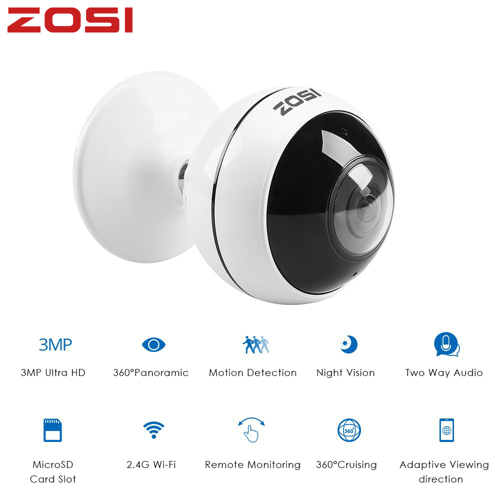 

3MP Indoor Wireless 360 Degree Panoramic IP Security Camera WiFi Camera Motion Alarm Two Way Audio IR Night Vision TF Slot