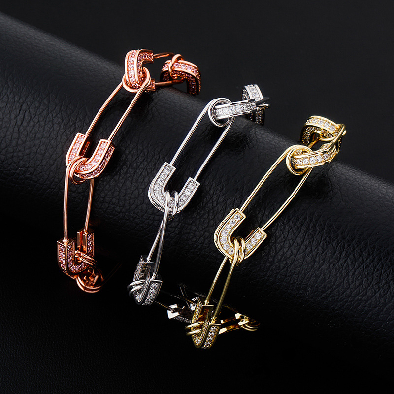 

Punk Cubic Zircon Paper Clip Bracelet Bangle Gold Plated Pin Crystal Bracelets Hip Hop Copper Jewelry For Men Women Gifts, Black