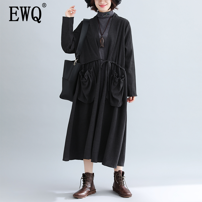 

EWQ] 2020 Spring New Pattern Office Lady Style Full Sleeve Solid Color Large Size Loose Open Stitch V Collar Windbreak 874, Black