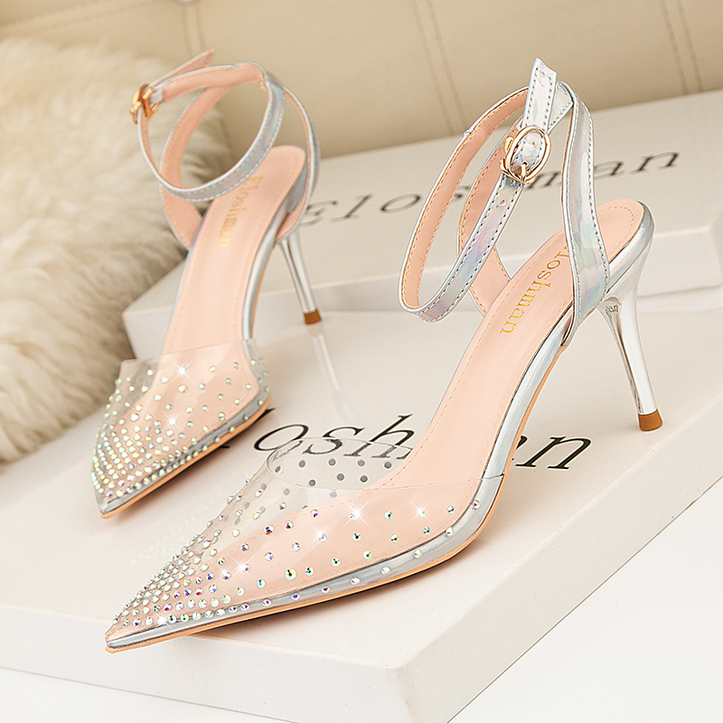 

Summer Women High Heels Sandals Transparent Rhinestone Stiletto Jelly Pumps Clear Pointed Toe Ankle Strap Ladies Wedding Shoes, Black