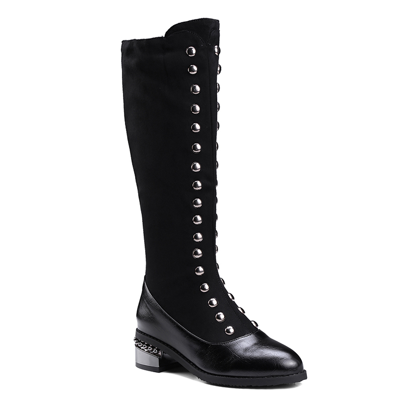 

Shoes Women Winter Women Leather Zipper Square Heel High Boots Knee-High Shoes Round Toe Boots, Black