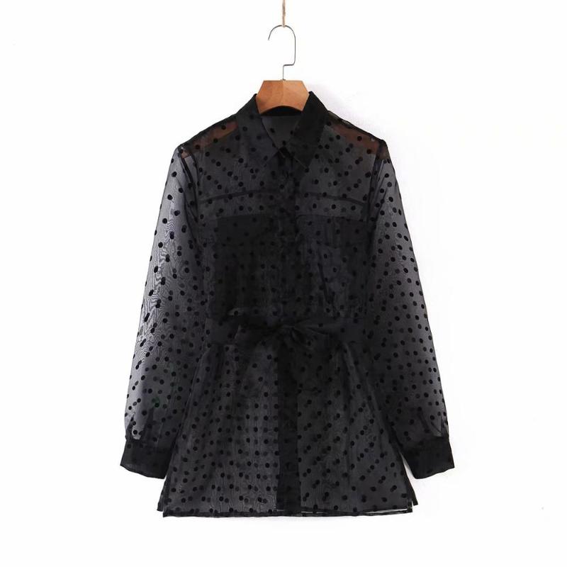 

2020 NEW Women Fashion Polka Dot Pattern Transparent Organza Casual Jacket Ladies Long Sleeve Bow Tied Sashes Outwear Coat, As picture