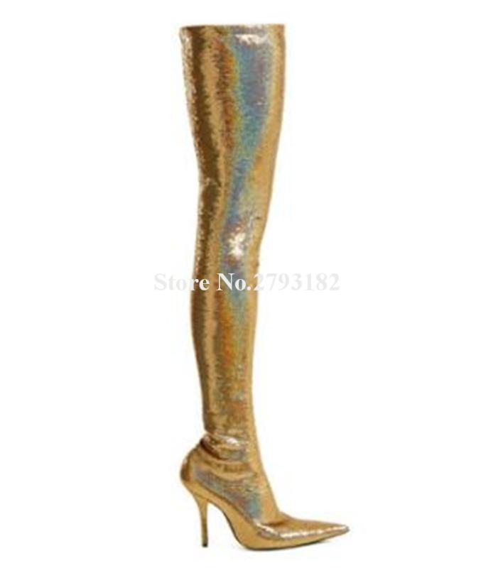 

Ladies Bling Bling Pointed Toe Silver Gold Sequined Over Knee Bandage Thin Heel Boots Slim Style Over Knee High Heel Boots, Gold ankle boots