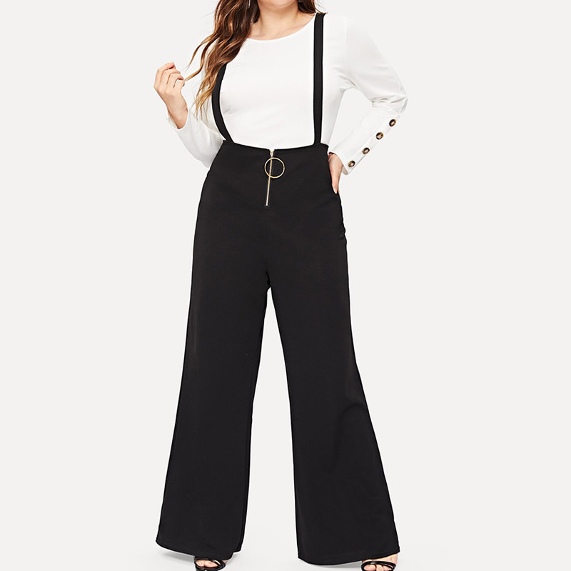 

Plus Size Wide Leg High Waist Women Pants Straps Casual Loose Elegant Front Zipper Suspenders Office Ladies Long Trousers, As pic