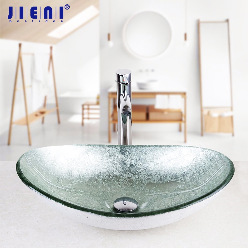 

JIENI Silver Hand-Paint Art Bathroom Glass Basin Sink Faucet Round Basin Bath Vanity Chrome Brass Faucet Set Tap Mixer Set