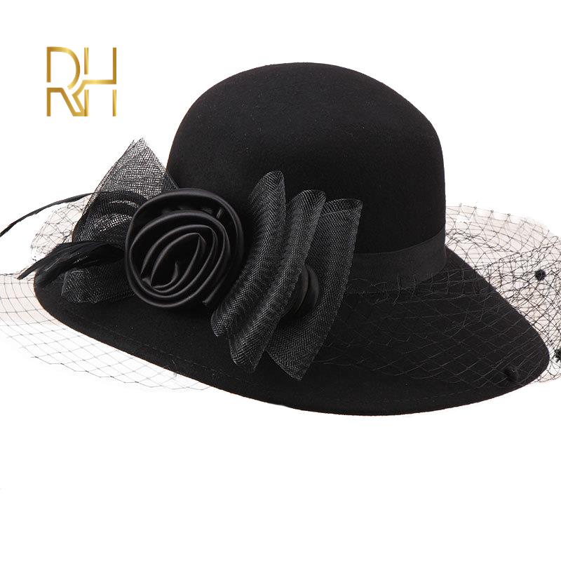 

Elegant Women Woolen Felt Fedora Wide Brim Hat Cloche Bowler Autumn Winter Hats Chapeau Femme Caps Wine Red Black RH