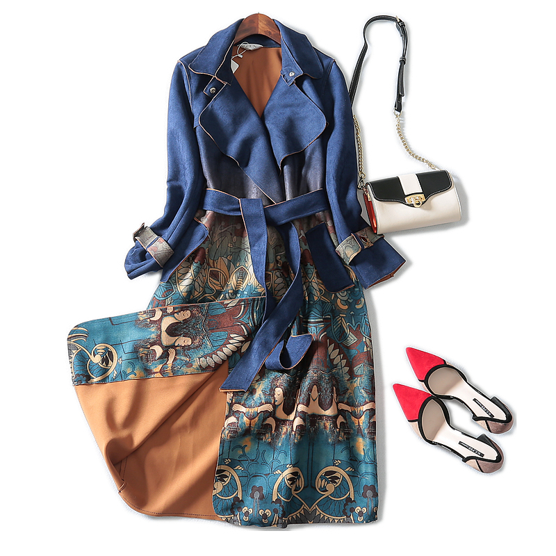 

NEW Autumn Winter Print Suede Long-sleeved Trench Coat Women Plus Size 3XL Belt High Quality Female Windbreaker Casual Outerwear, Gray