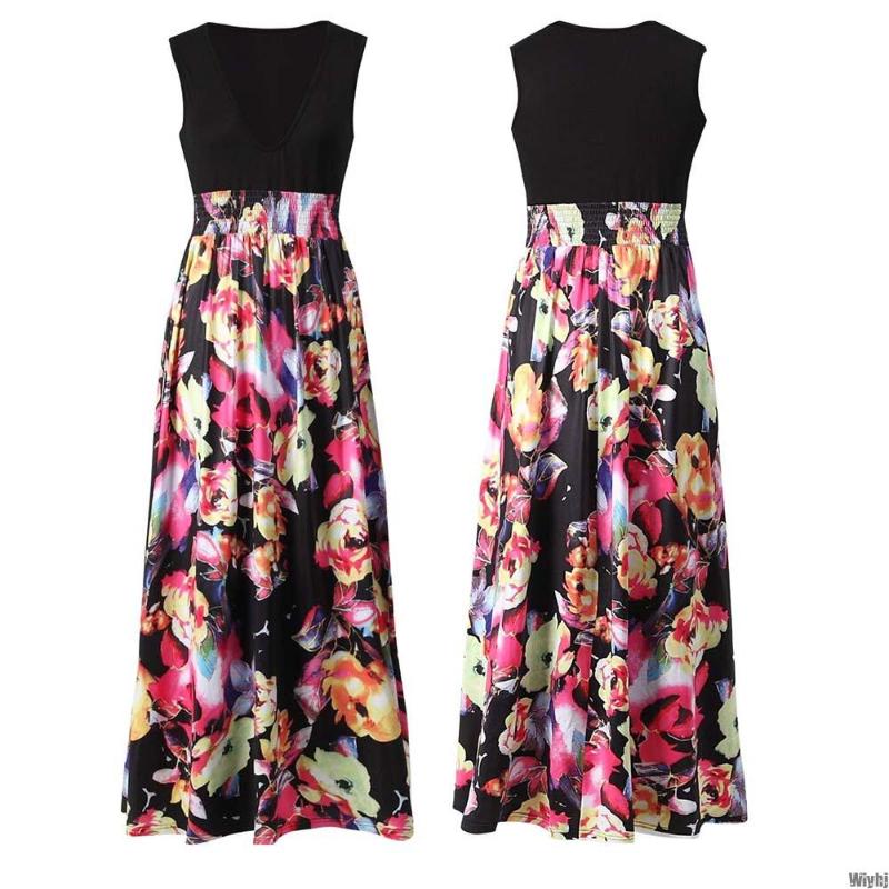 

New Ladies Bohemian Summer Beach Long Cocktail Party Floral Dress Ladies Dress Summer Casual Fall, Black