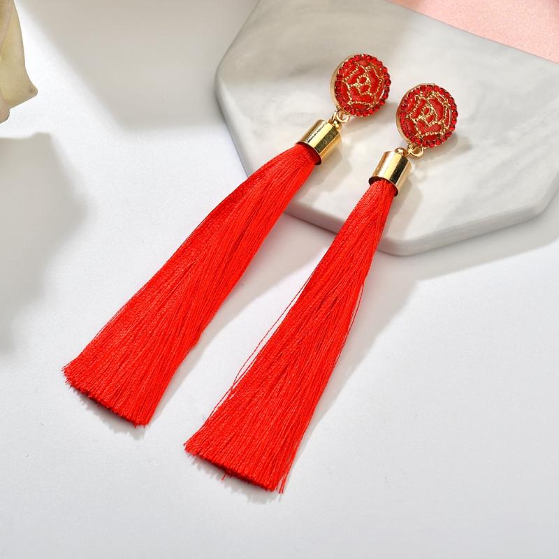 

UAM Bohemian Crystal Tassel Earrings Black White Blue Red Pink Silk Fabric Long Drop Dangle Tassel Earrings For Women Jewelry