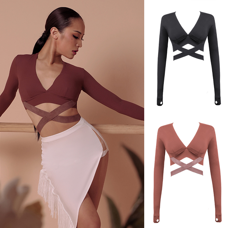 

Latin Dance Top Sexy V-Neck Long Sleeve Shirts Women Tango Salsa Cha Cha Rumba Samba Wear Lady Latin Practice Clothes DNV13533, Black
