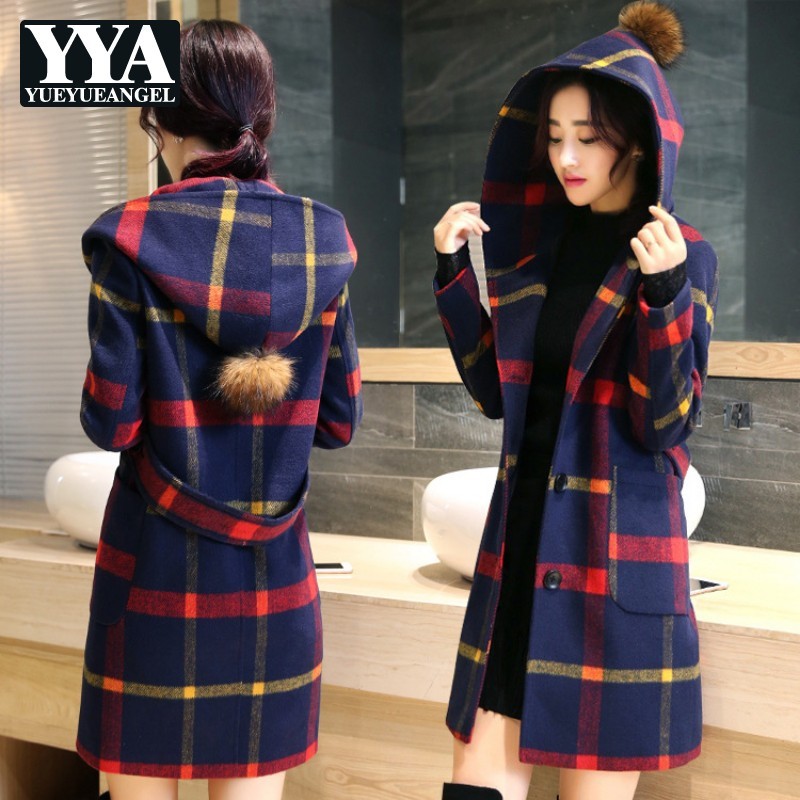 

British Preppy Style Womens Medium Length Woolen Coats Korean Slim Single Breasted Big Hair Ball Hooded Plaid Female Overcoats, Red yellow plaid