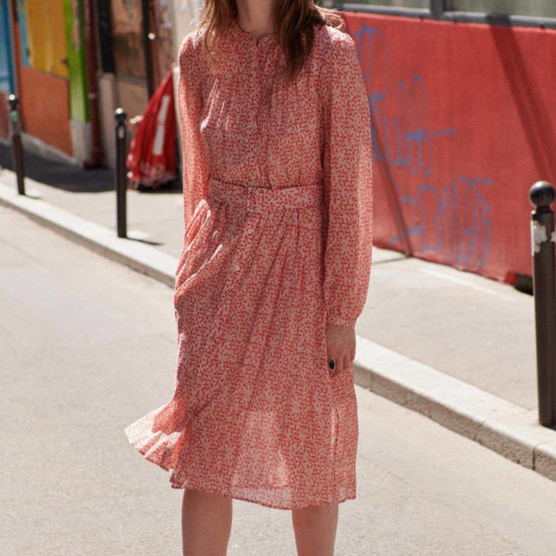 

Retro print Sashes women dress long sleeve o-neck Single Breasted Two-piece Set lady knee length dress, As pic