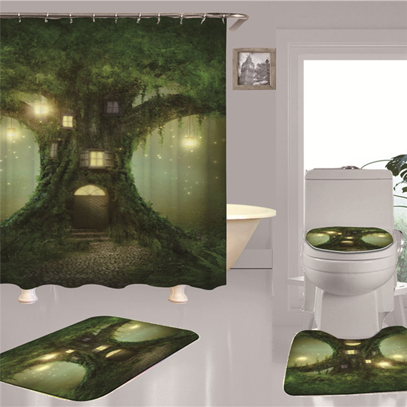 

Polyester Fabric Shower Curtain Four-piece Toilet Seat Cover Pad Floor Mat Shower Curtain Bath Carpet Bath tree house Watermark