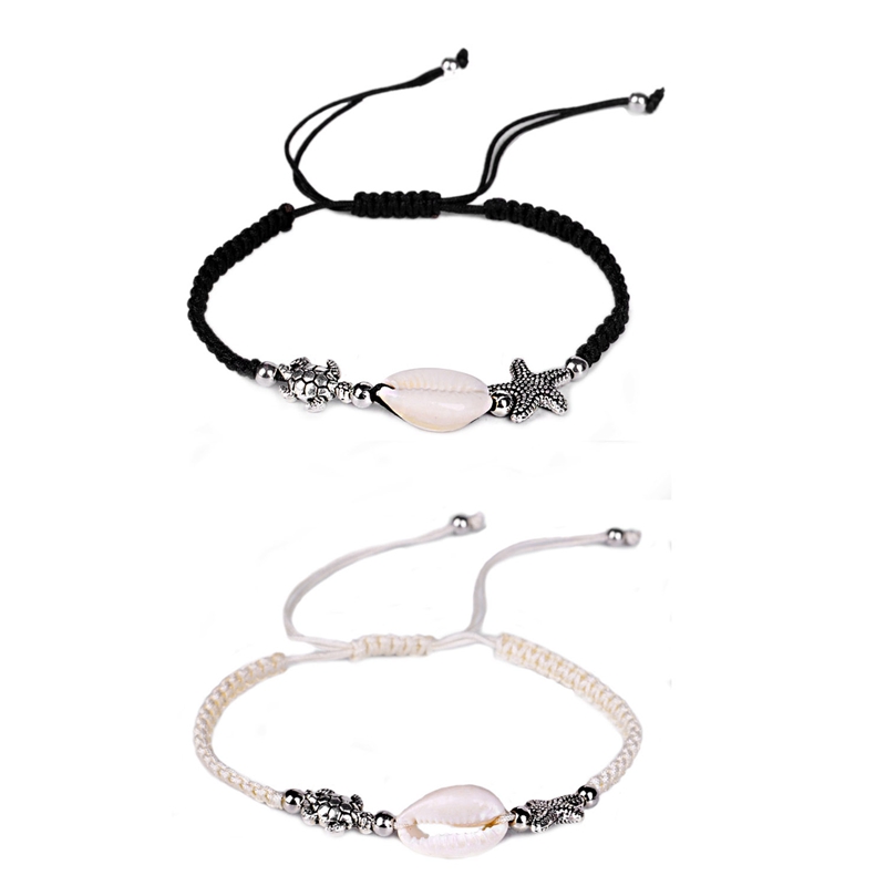 

2 Pcs Women'S Natural Shell Bead Bracelet Starfish Turtle Charm Bracelet Handmade Adjustable Size, Black & Beige