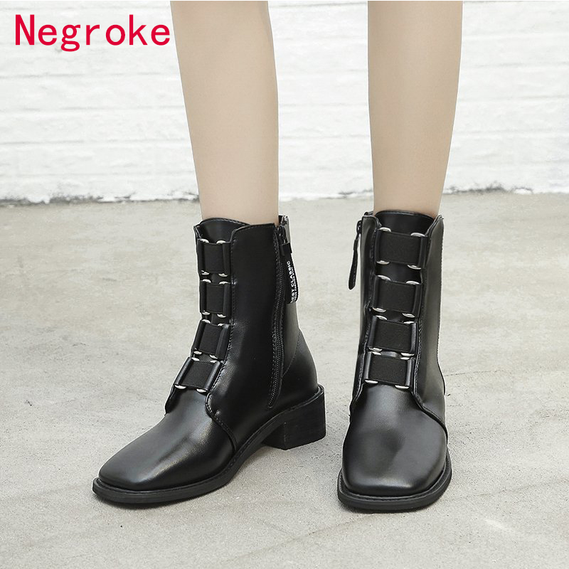 

2020 New Women Chunky Heel Ankle Boots Woman Shoes Autumn Winter Designer Styled Boots Female Black PU Leather Zapatos Mujer, Black-plush lining