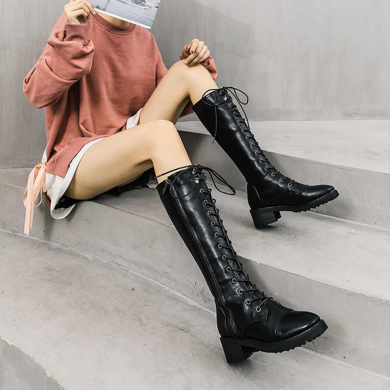 

women Boots long Boots shoes fashion British style Lace-up Comfortable Round toe zipper Ladies, Black