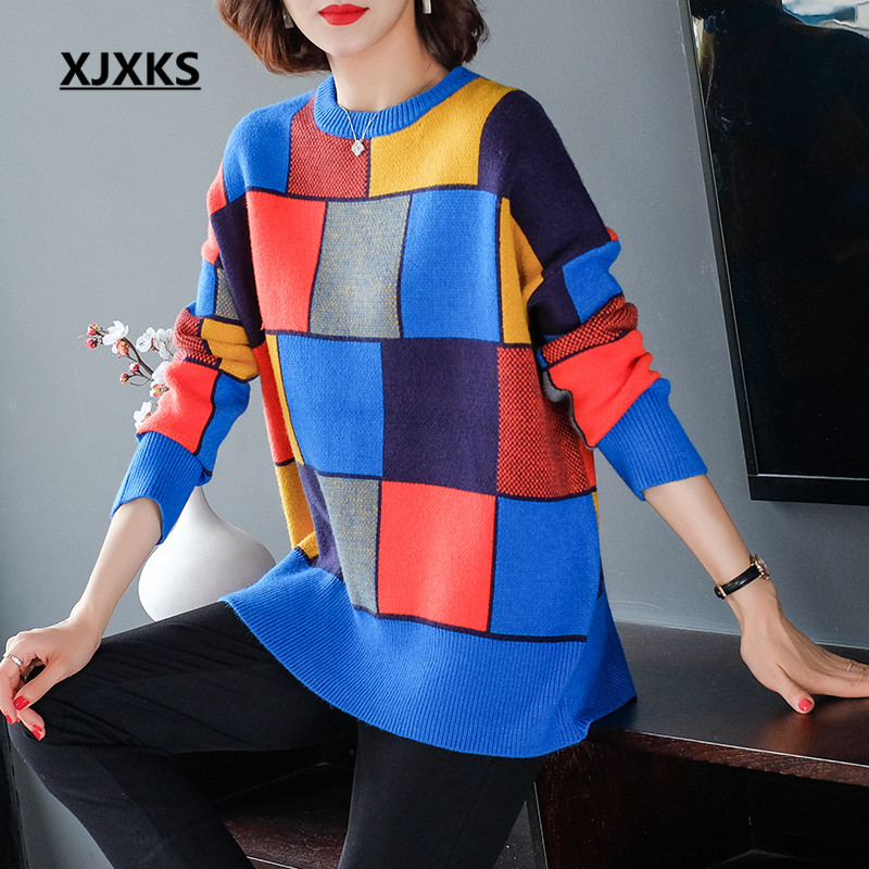 

XJXKS Fashion color matching women long sweater 2020 autumn winter new loose large size cashmere knitted sweater women pullover, Blue