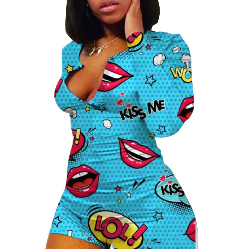 Women Jumpsuits Sexy Long Sleeve Rompers Ladies V Neck Onesies Print Short Playsuits Skinny Jumpsuit Female Nightwear Sleepwear 050830-image-577190655