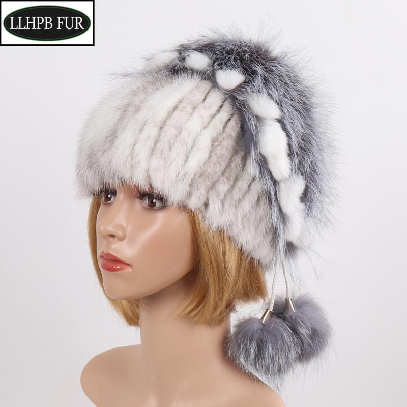 

New Winter Women Knitted Real Hat Natural Warm Cap Top Fur Lady Fashion Quality 100% Genuine Hats, Black