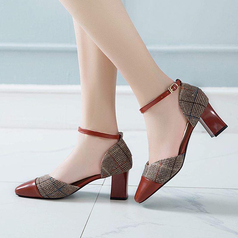 

2020 Summer Women Sandals Ankle Strap Dress Shoes Plaid Pumps Cover Toe Sandalias Ladies Shoes High Heels zapatos mujer 8395C, Beige