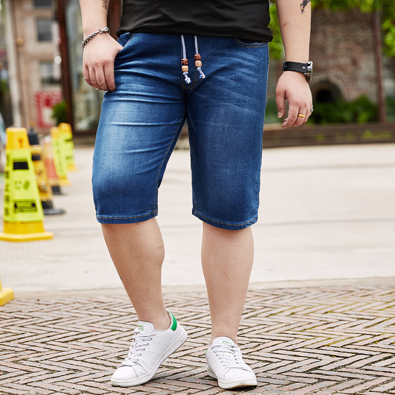 

New Arrival Men's Summer Elastic Jeans High Elastic Drawstring cool Male Tide Loose Casual Straight Tube Plus Size -46 48, Blue