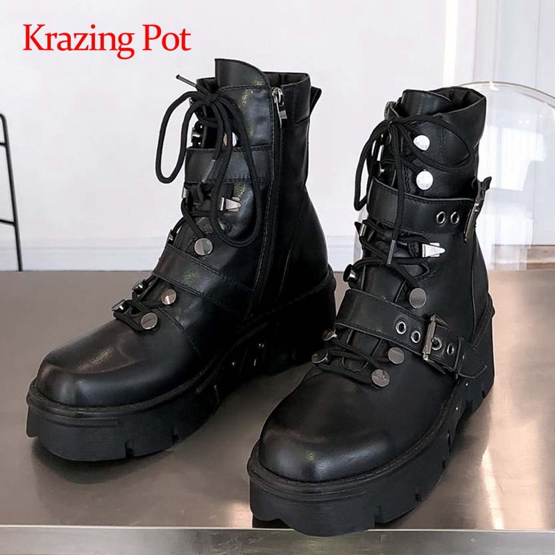 

Krazing pot hot large size natural leather buckle cross-tied round toe thick high heel zipper beauty lady mature ankle boots L21, Black