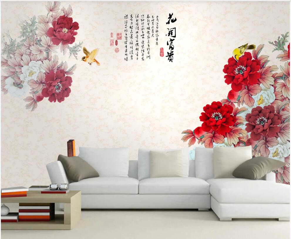 

3d wallpaper custom photo mural Chinese style flower peony painting tv background home decor 3d wall murals wallpaper for living room, Non-woven wallpaper