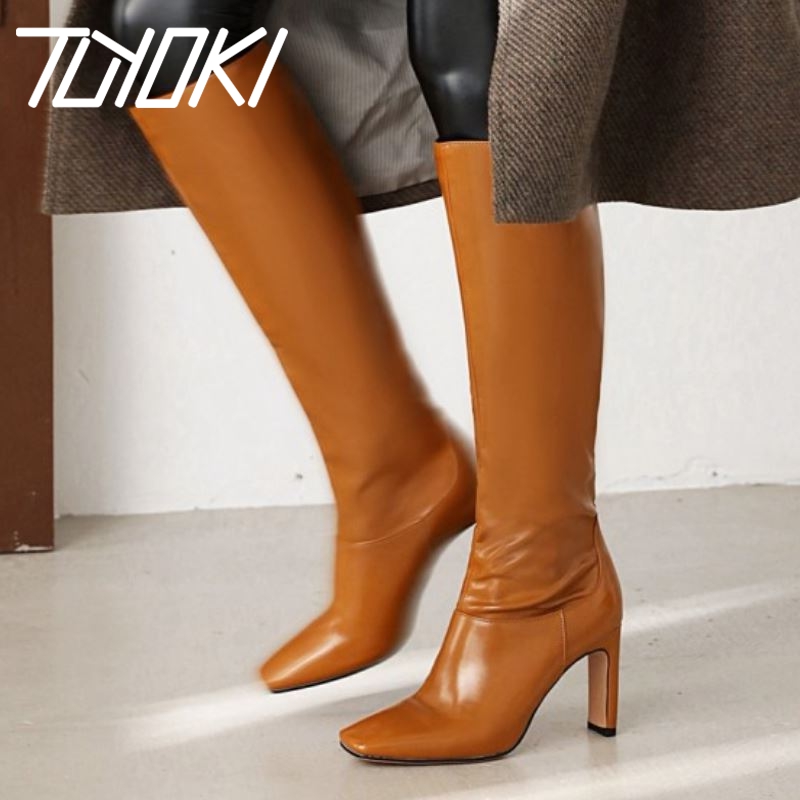 

Tuyoki Size 34-43 Women Knee Boots Thick High Heel Square Toe Slip On Shoes Winter Warm Boots Women Fashion Party Footwear, Yellow with fur