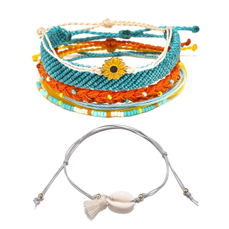 

5Pcs Sunflower Charm Bracelet Seed Beads Friendship Bracelet & 1Pcs Boho Tassel Shell Pendant Anklet Gray Rope