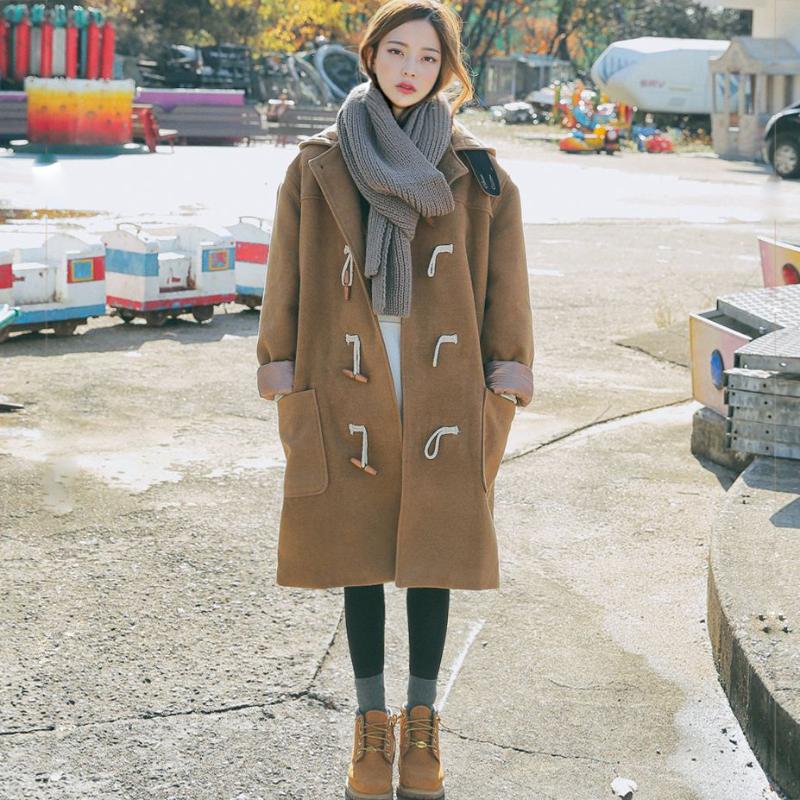 

Casual Fashion Long Woolen Winter Coats Solid Horn Buckle Wool Coat And Jacket Warm Pockets Ladies Coats, Navy blue