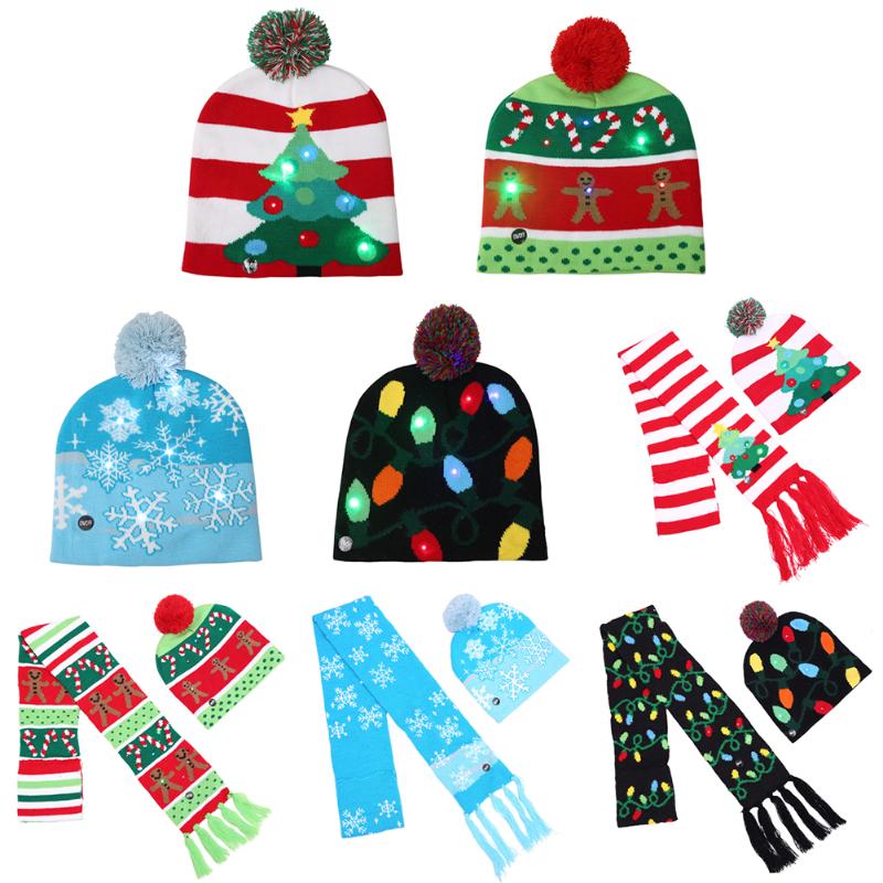 

Santa Claus Reindeer Xmas Gifts Cap Christmas LED Striped Knit Cap Scarf Set for Adult Kids Night Lamp Lighting Decoration
