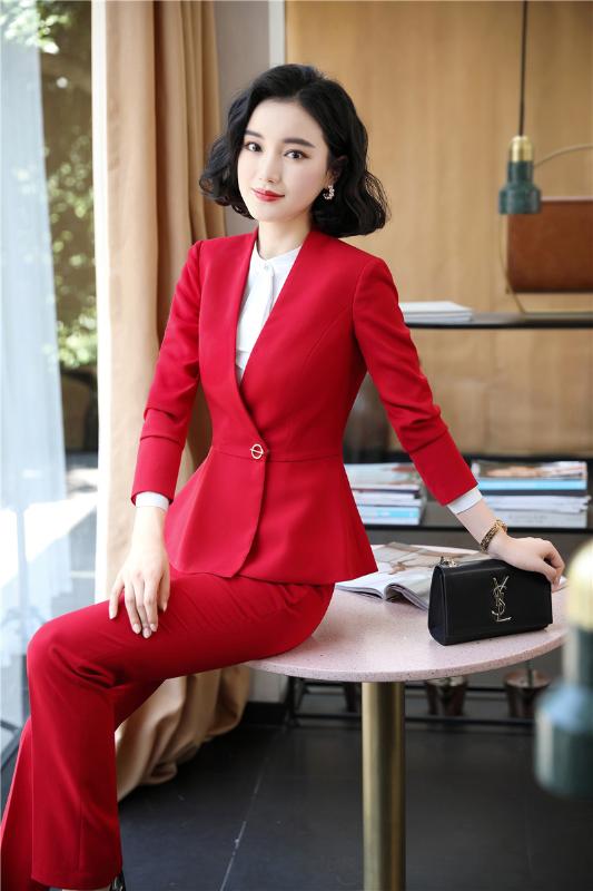 

Novelty Red Formal Women Business Suits with Pants and Jackets Coat Autumn Winter for Ladies Office Work Wear Blazers Pantsuits